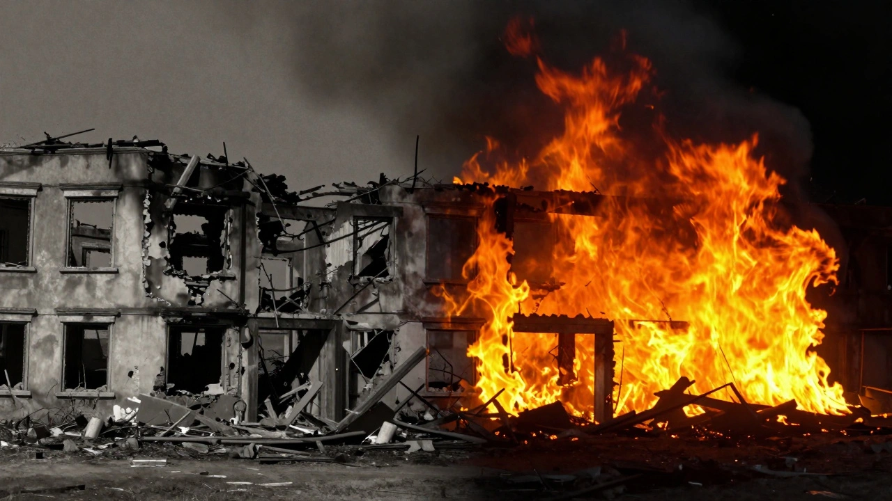 A side-by-side comparison of a faded fire ruin and a modern digital heat-map reconstruction.