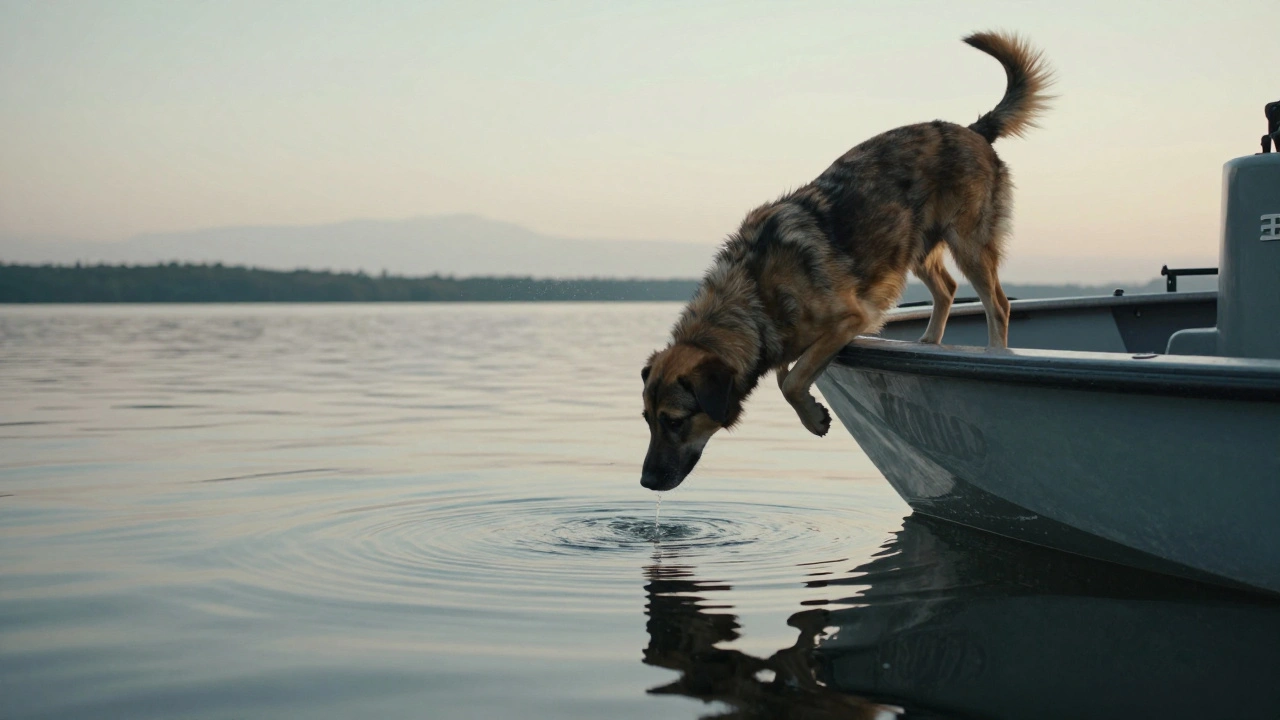 A water HRD dog sniffing the air from the bow of a boat on a calm lake.