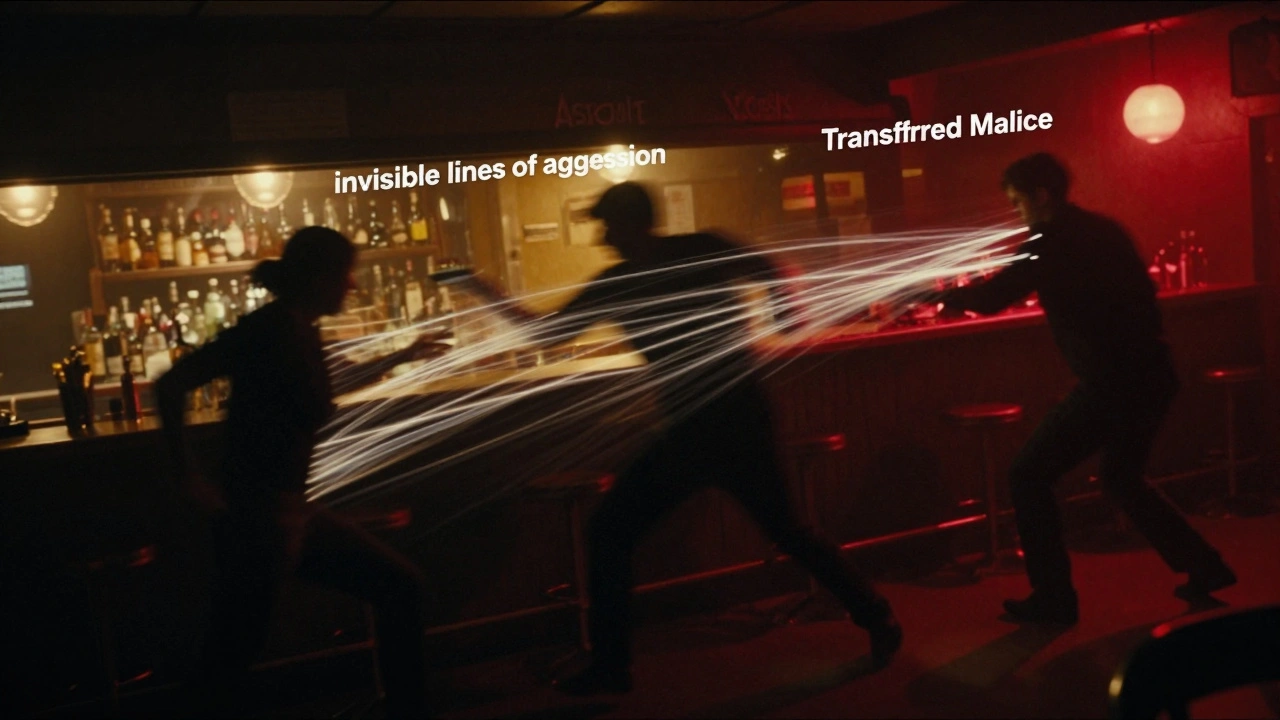 Abstract silhouettes of people struggling in a dimly lit bar with motion blur effects.