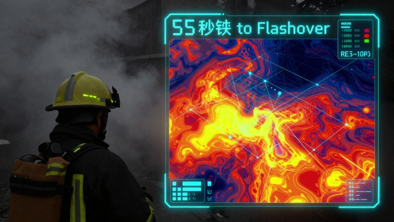 AI interface analyzing a smoke-filled room to predict a flashover event with a countdown timer.