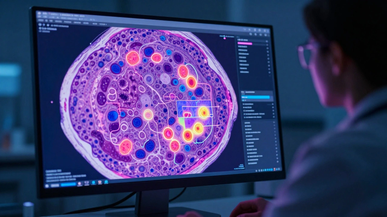 AI-powered digital pathology screen analyzing tissue cells with highlighted malignant areas.