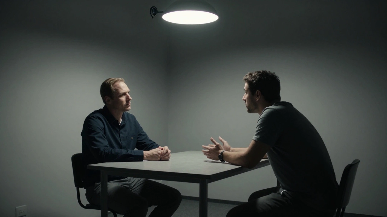 An investigator and suspect in a minimalist interrogation room during a focused interview