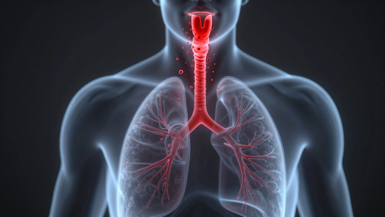 Anatomical visualization of blood being forced out of the airways during expiration.