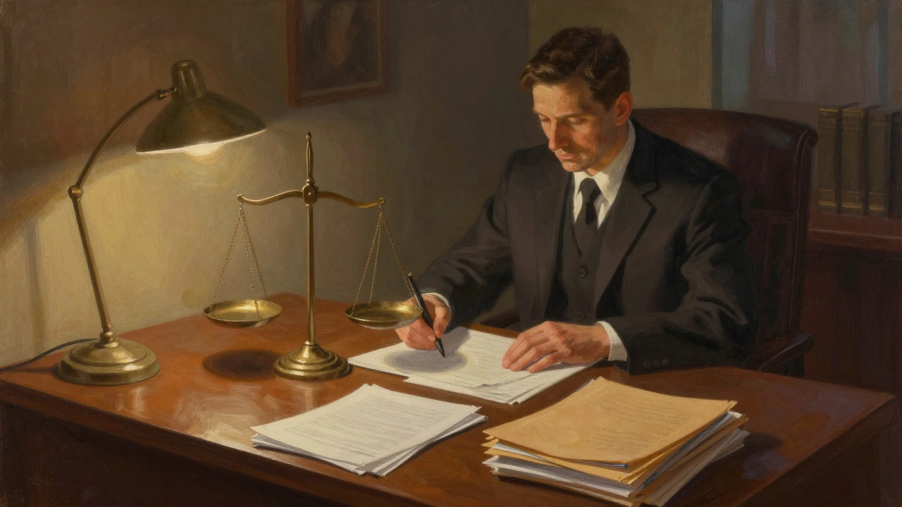 Attorney reviewing legal files under a desk lamp with scales of justice.