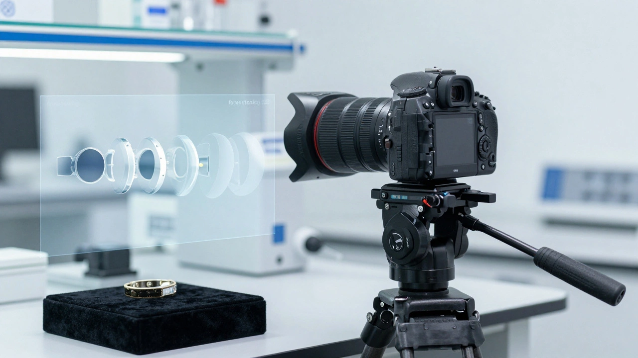 Camera on a tripod in a lab demonstrating the focus stacking process on jewelry