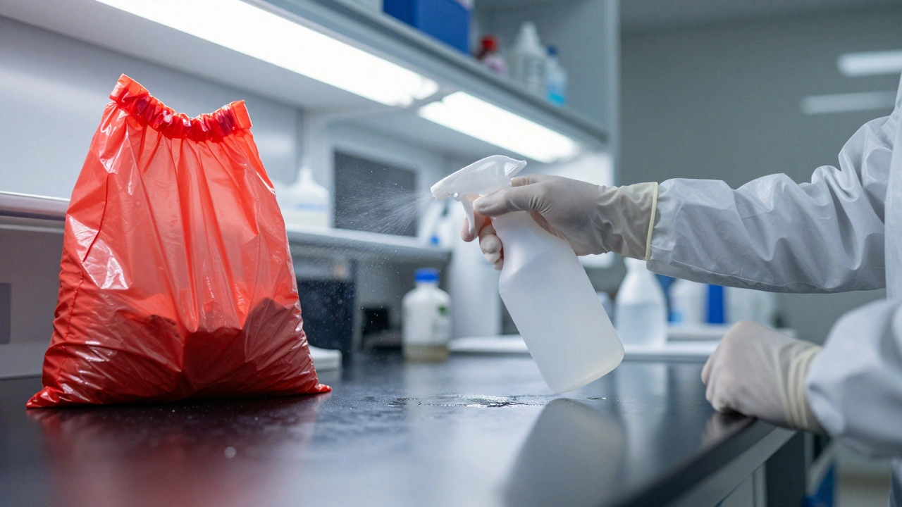 Close-up of a gloved hand disinfecting a laboratory work surface