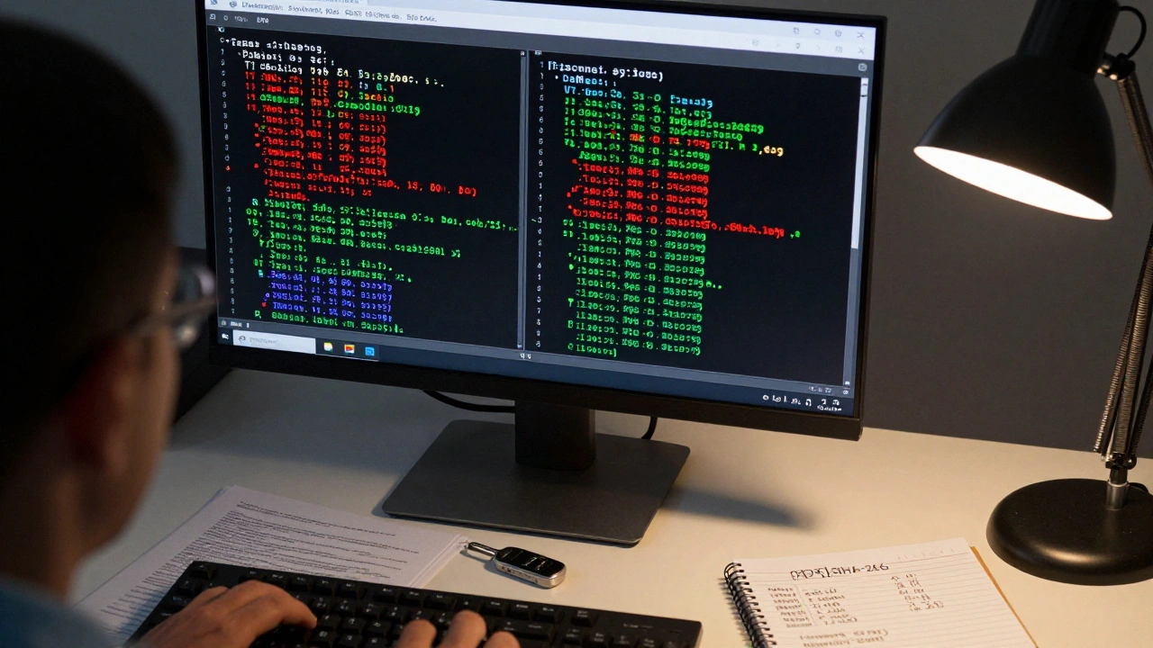 Close-up of a monitor showing VM snapshot comparison and forensic checksum notes.