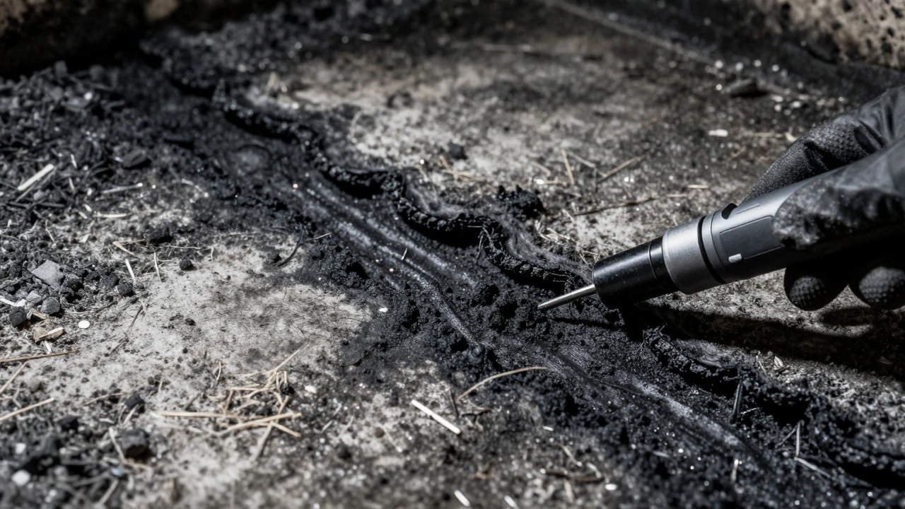 Close-up of a pour pattern on a burnt floor with a PID detector