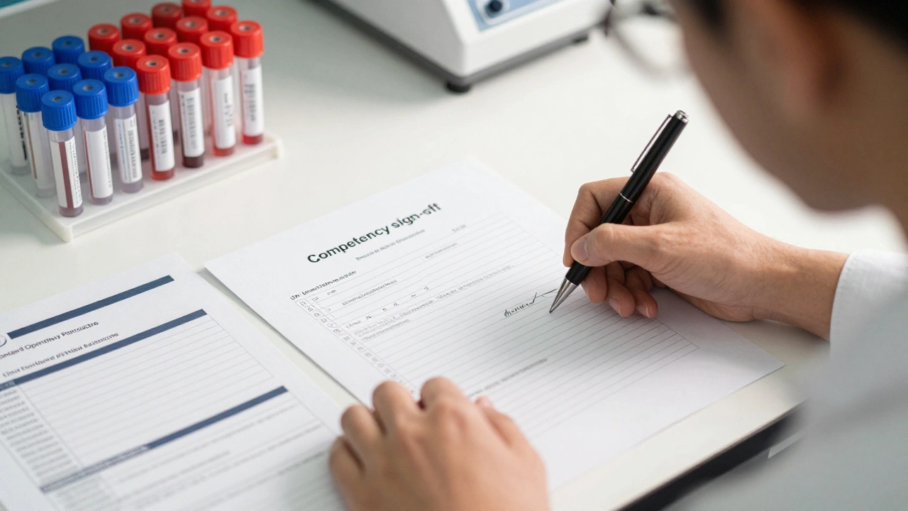 Close-up of a supervisor signing a competency verification document on a lab bench