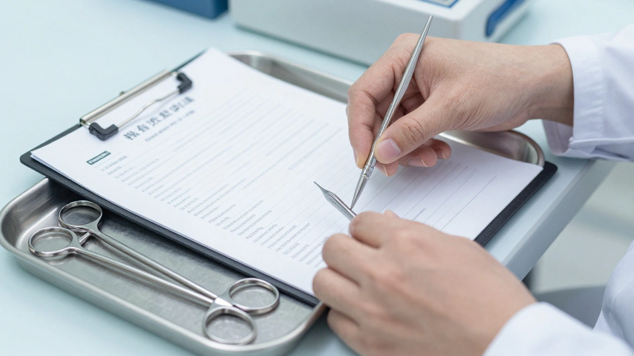 Close-up of surgical tools and a report in a clinical autopsy suite