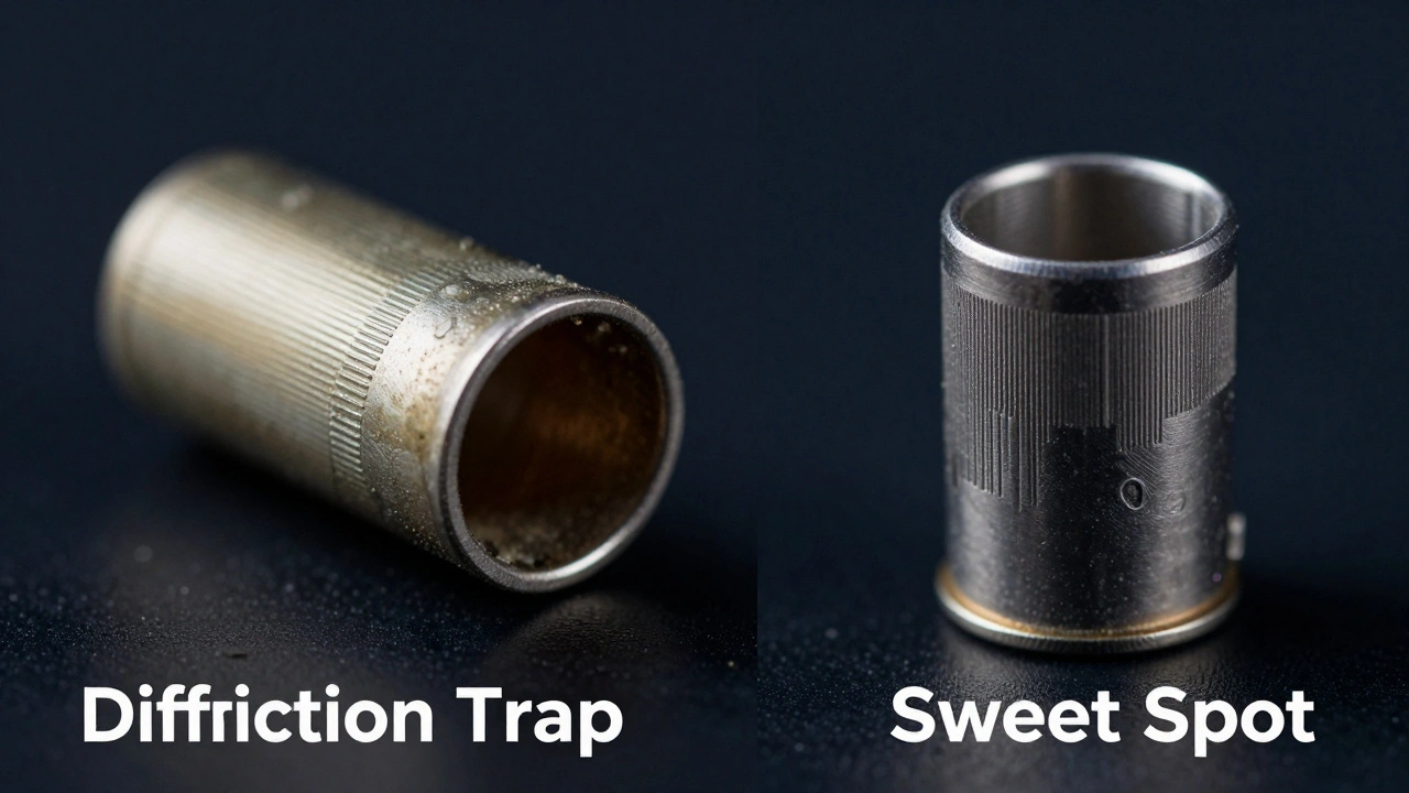 Comparison between a soft, diffracted image and a sharp, clear macro shot of a shell casing