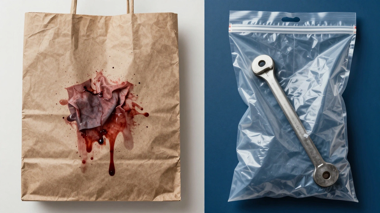 Comparison of a breathable paper bag for biological evidence and a durable plastic bag for tools
