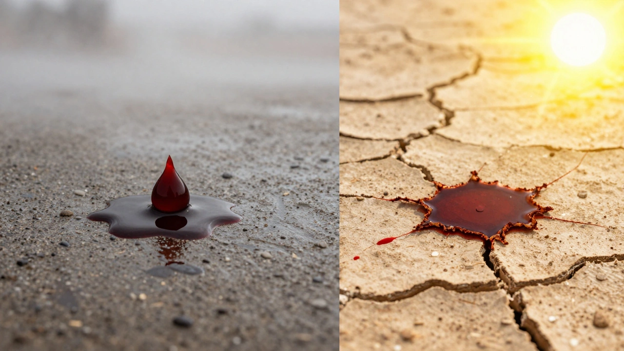 Comparison of a wet bloodstain in a humid setting versus a dried stain in a hot desert.