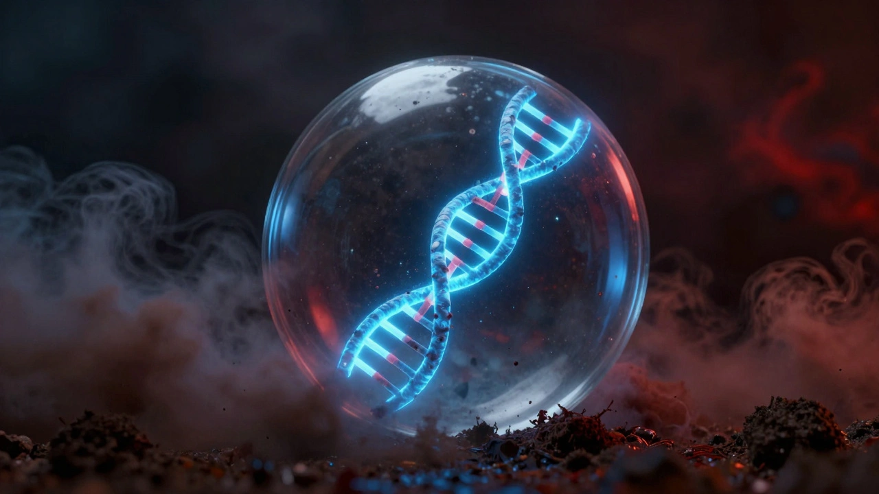 Conceptual art of a DNA helix surrounded by dark environmental inhibitors