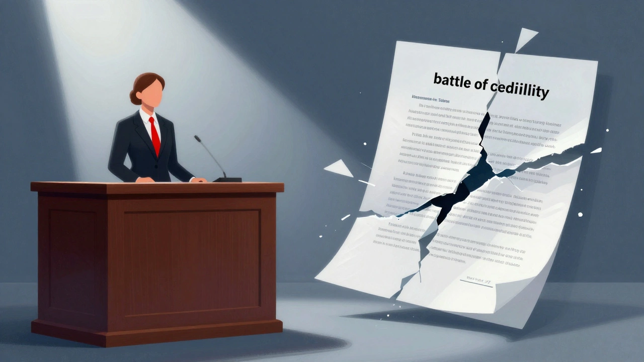 Conceptual art showing a witness on a stand contrasted with hidden evidence of a secret deal.