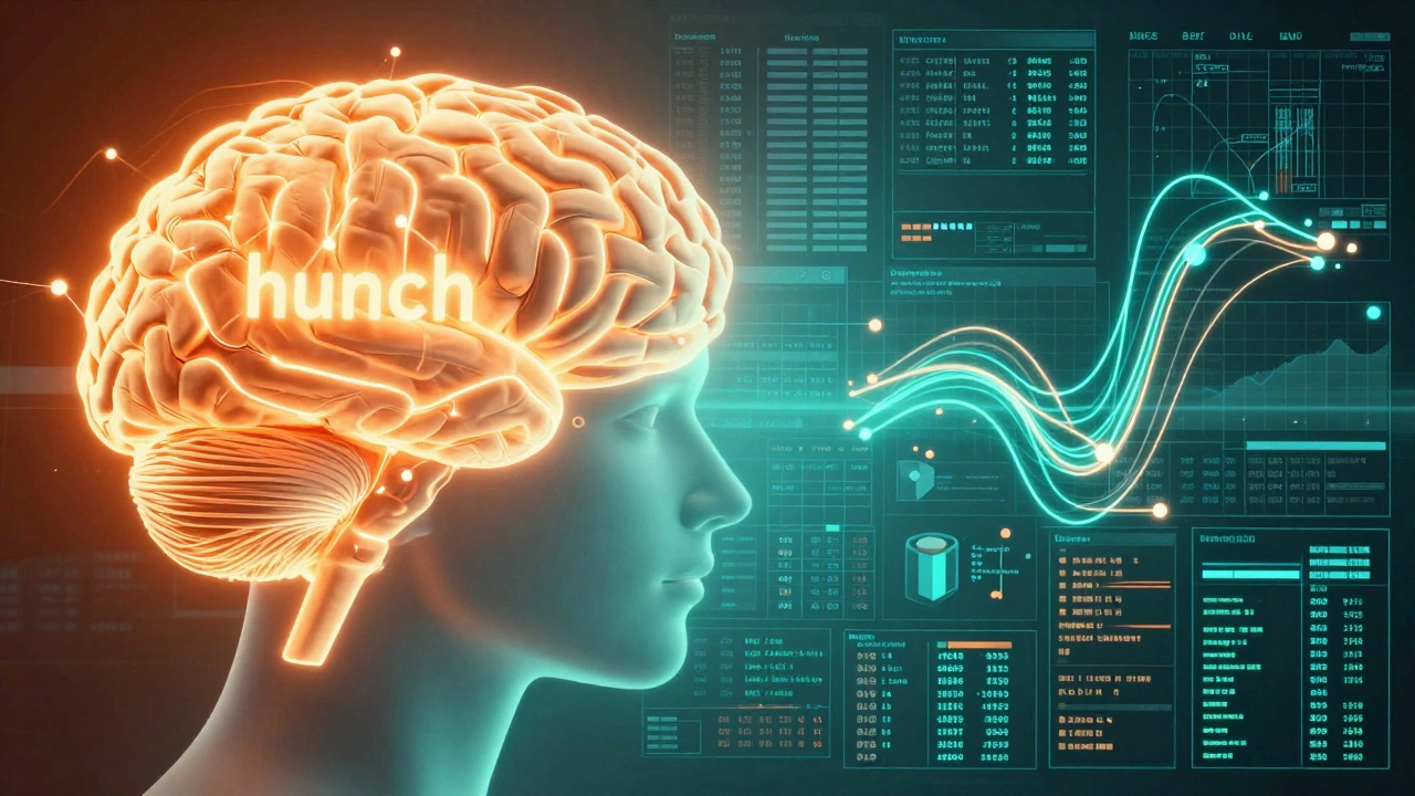 Conceptual art showing the contrast between a glowing brain's intuition and structured forensic data.