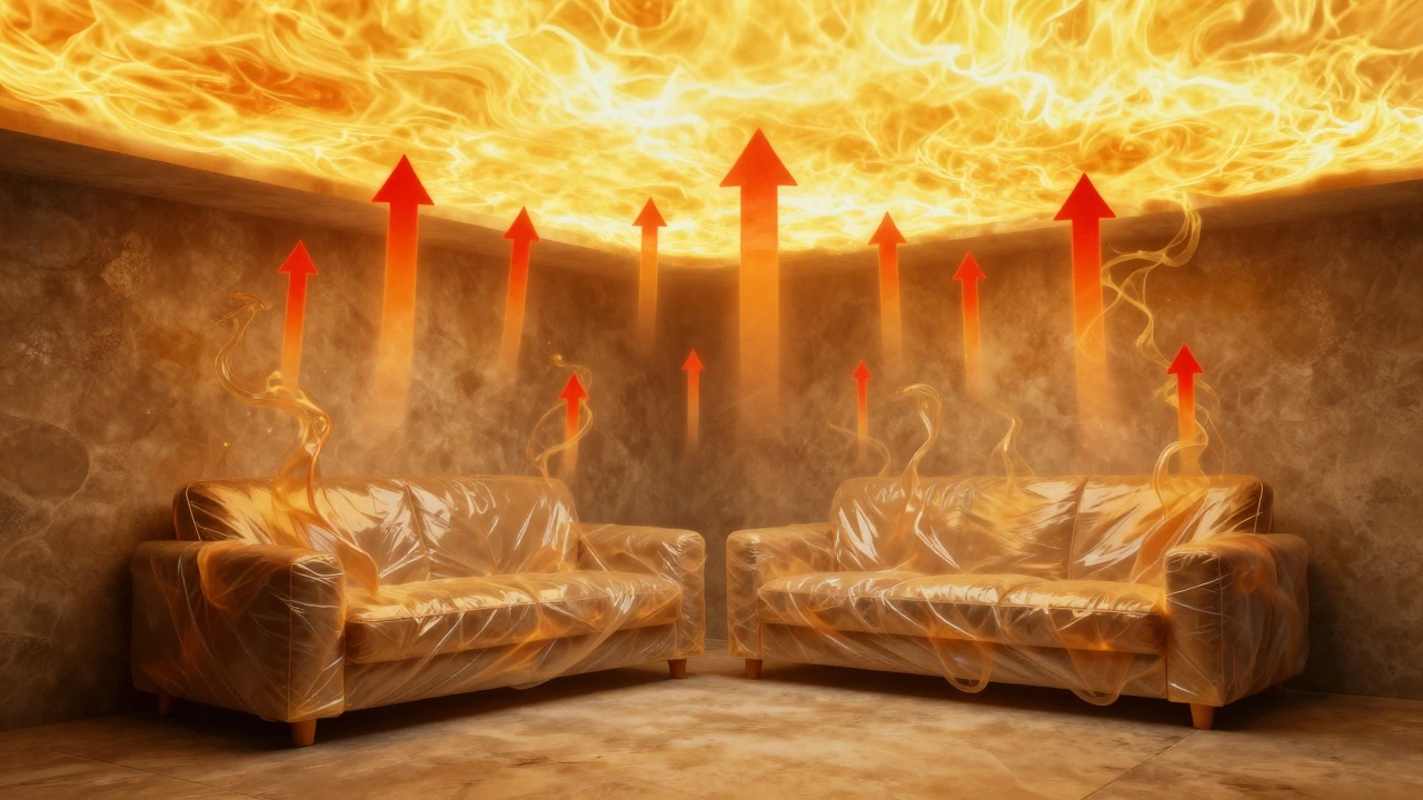 Conceptual diagram showing flammable gases rising from furniture toward a superheated ceiling.