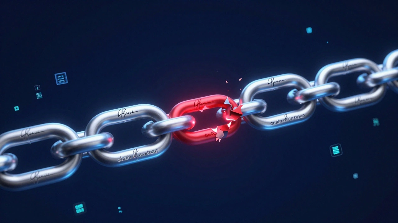 Conceptual glowing chain of links representing a chain of custody with one broken red link.