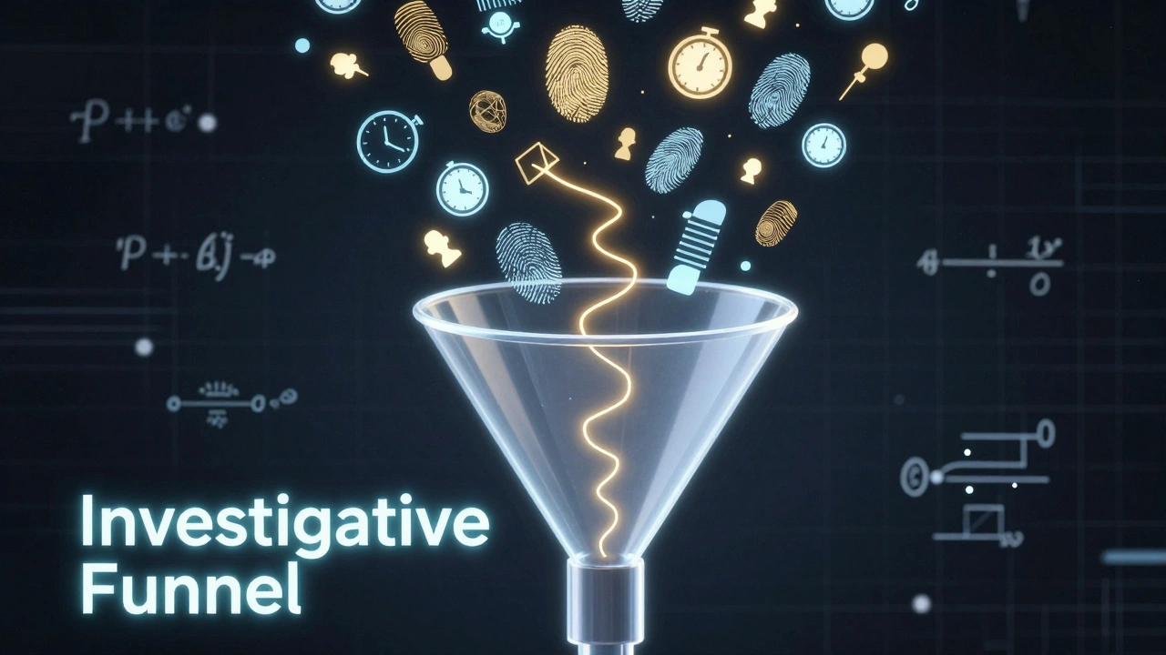 Conceptual glowing funnel filtering various crime clues into a single logical path.