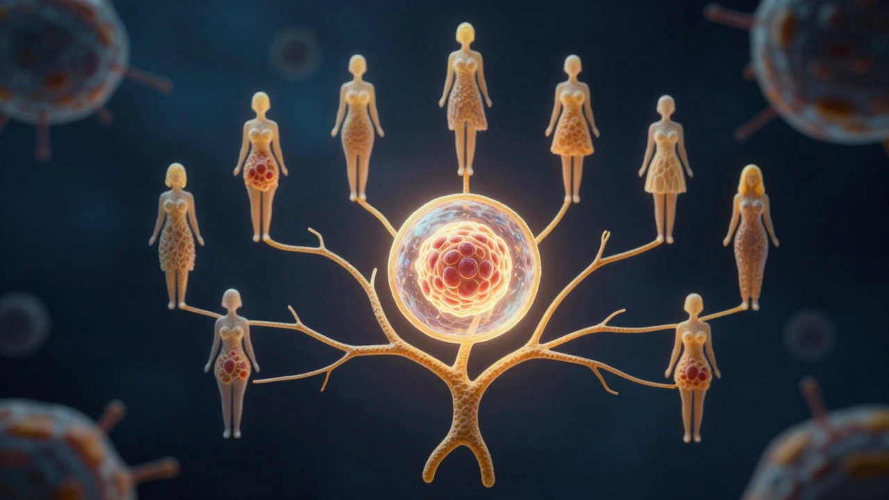 Conceptual golden lineage tree originating from a glowing mitochondrial organelle.
