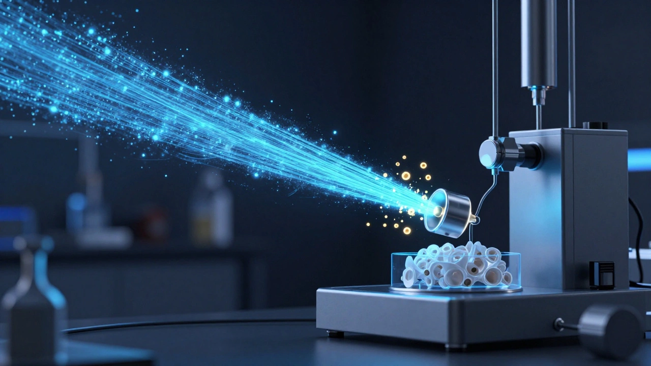 Conceptual illustration of a gas stream purging volatile compounds from a plastic sample.