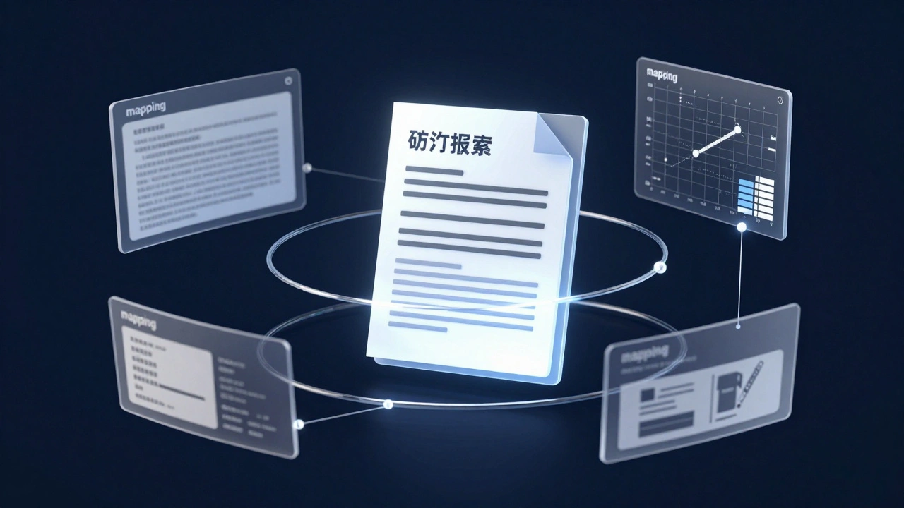 Conceptual illustration of a main report linked to various supplementary data panels