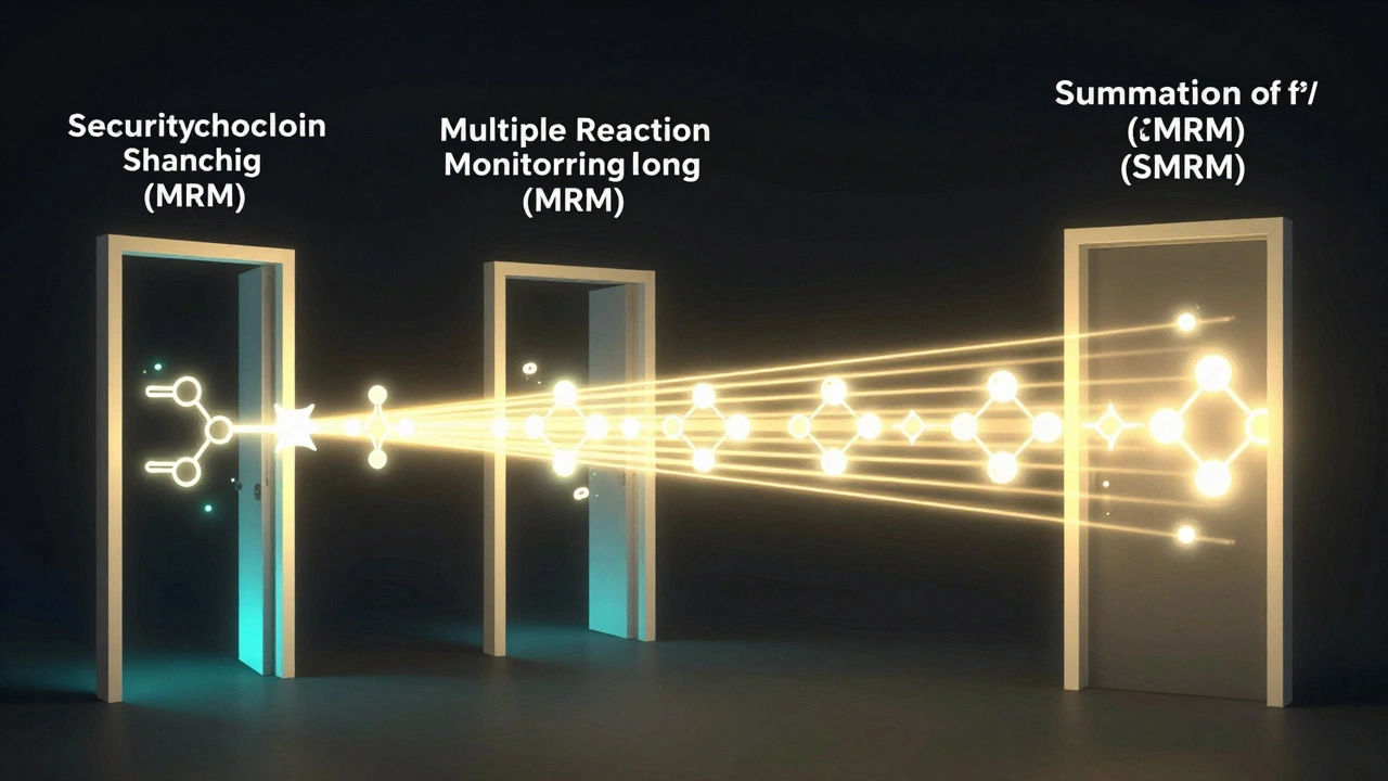 Conceptual illustration of molecular ions passing through filtration portals to represent MRM and SMRM