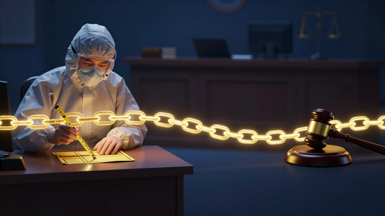 Conceptual image of a glowing chain linking a crime scene to a courtroom gavel