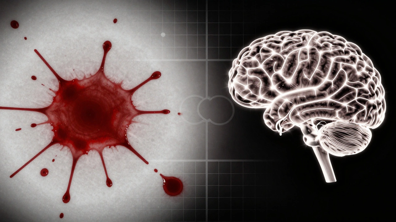 Conceptual image showing a blood spatter pattern alongside a glowing neural network for pattern recognition.