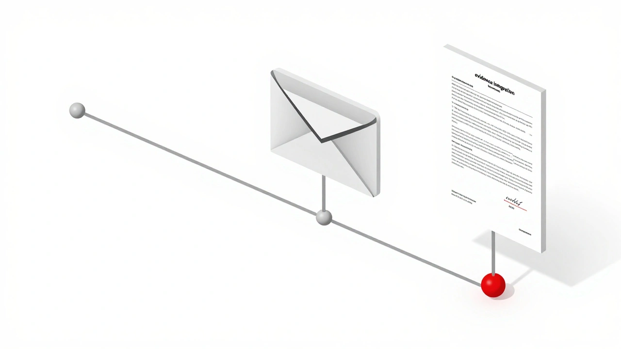 Conceptual layout showing legal evidence documents linked to a red critical event on a timeline.