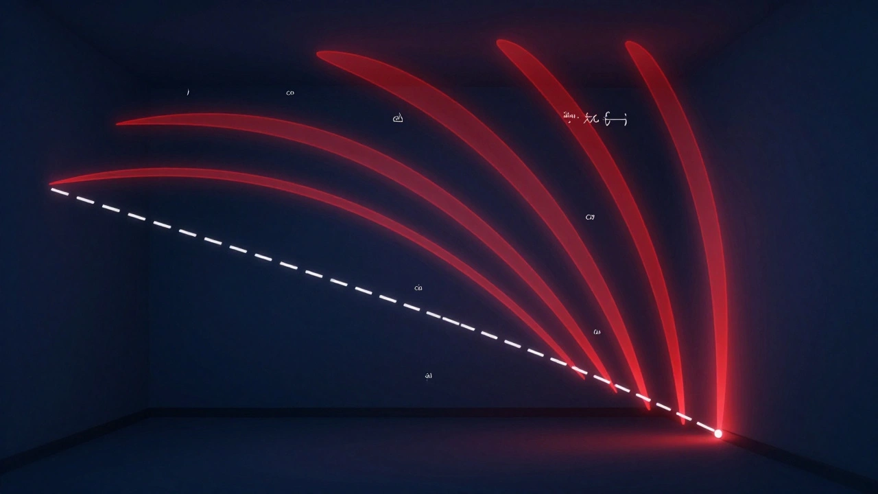 Diagram showing red parabolic blood trajectories compared to a straight line.
