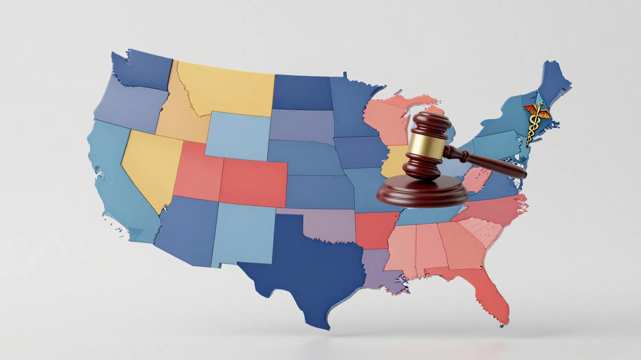 Digital map of the US with judicial and medical symbols illustrating different systems