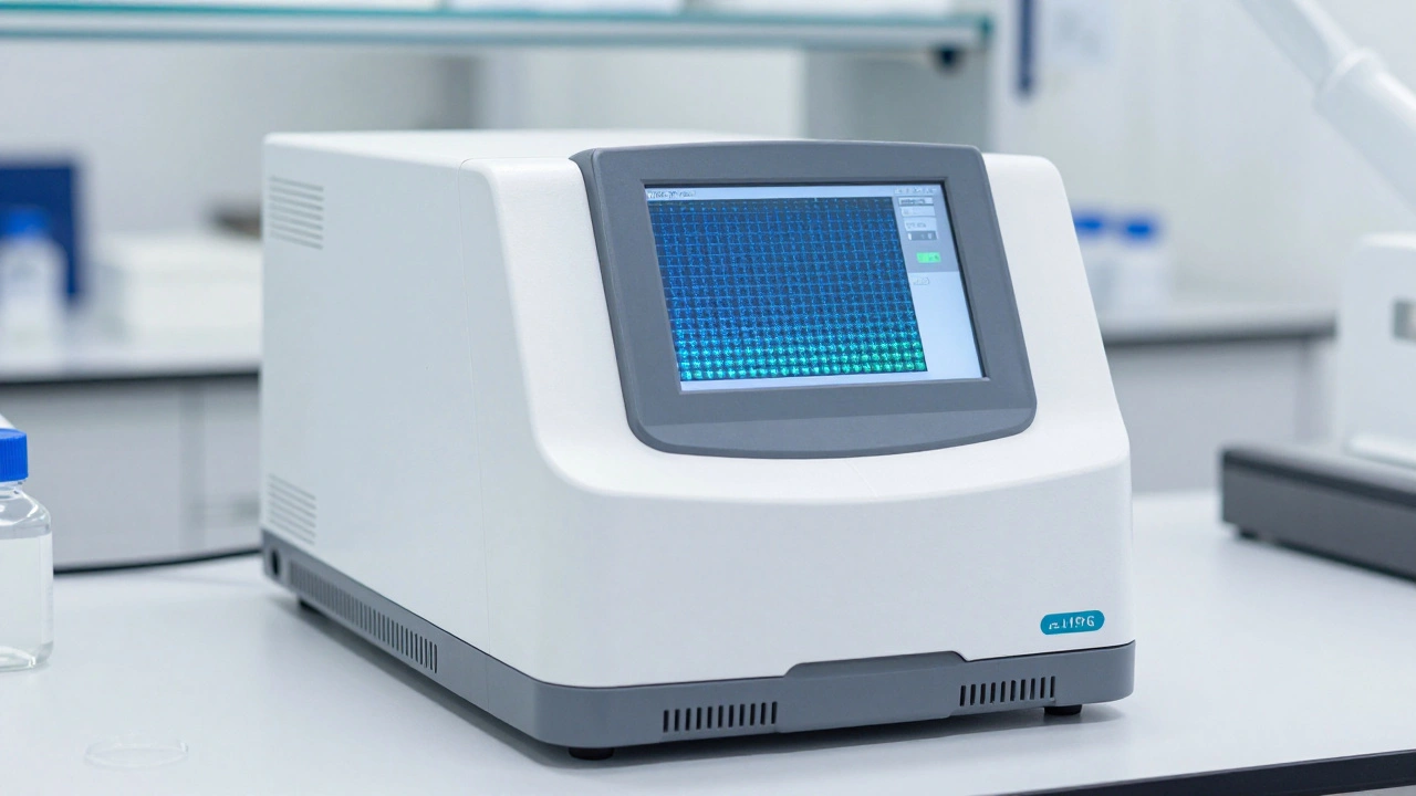 Digital PCR machine screen showing a grid of partitioned sample droplets