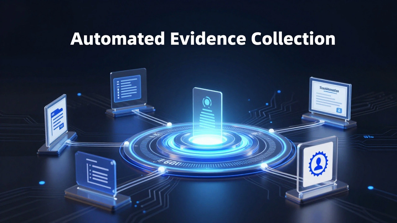 Digital representation of automated evidence collection flowing into a central dashboard