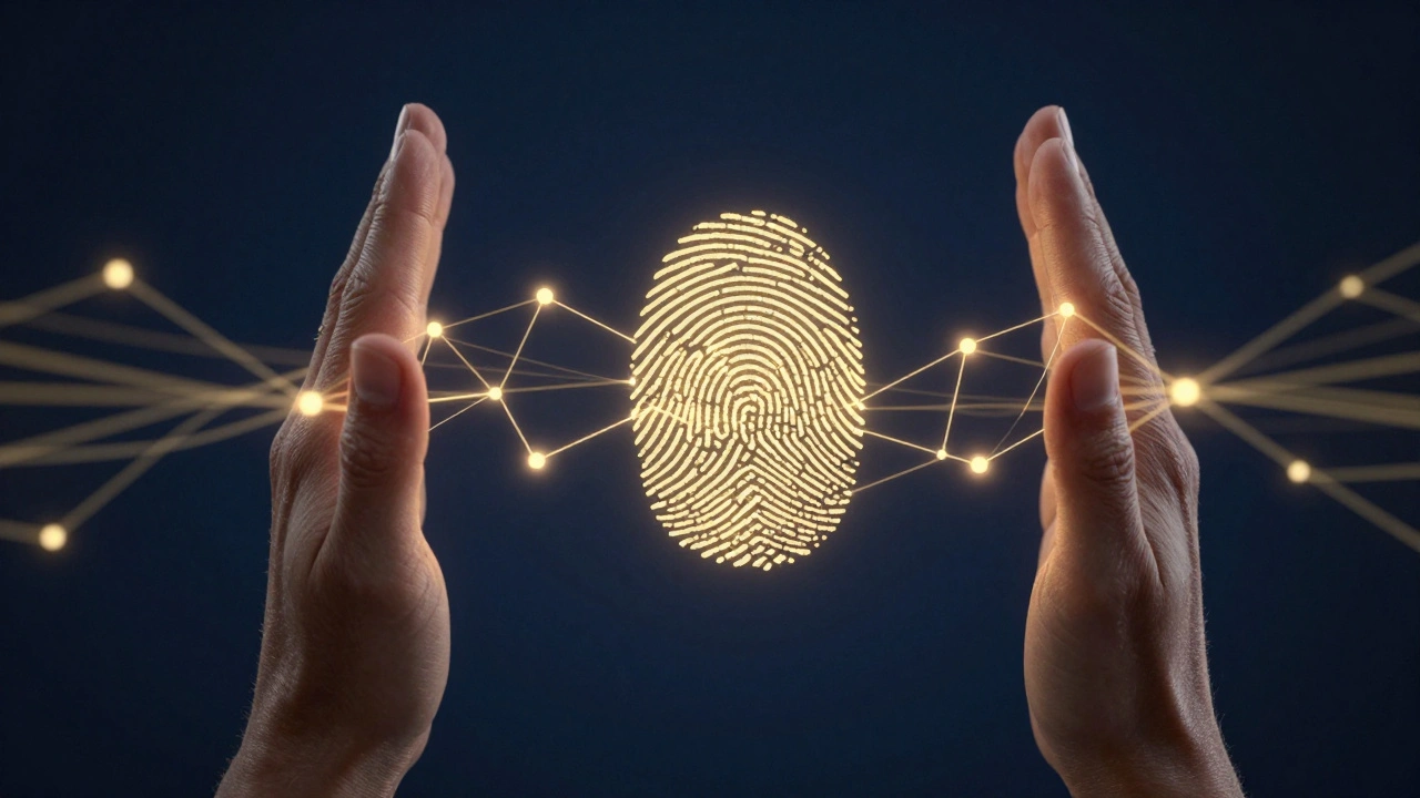 Digital visualization of AI connecting two different fingerprints with golden data threads.