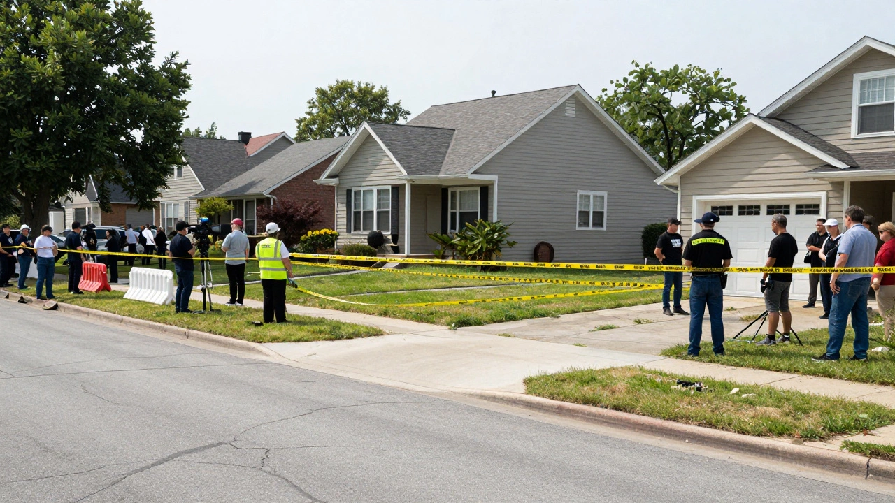 Dual-zone crime scene perimeter with yellow tape and barricades in a residential area.
