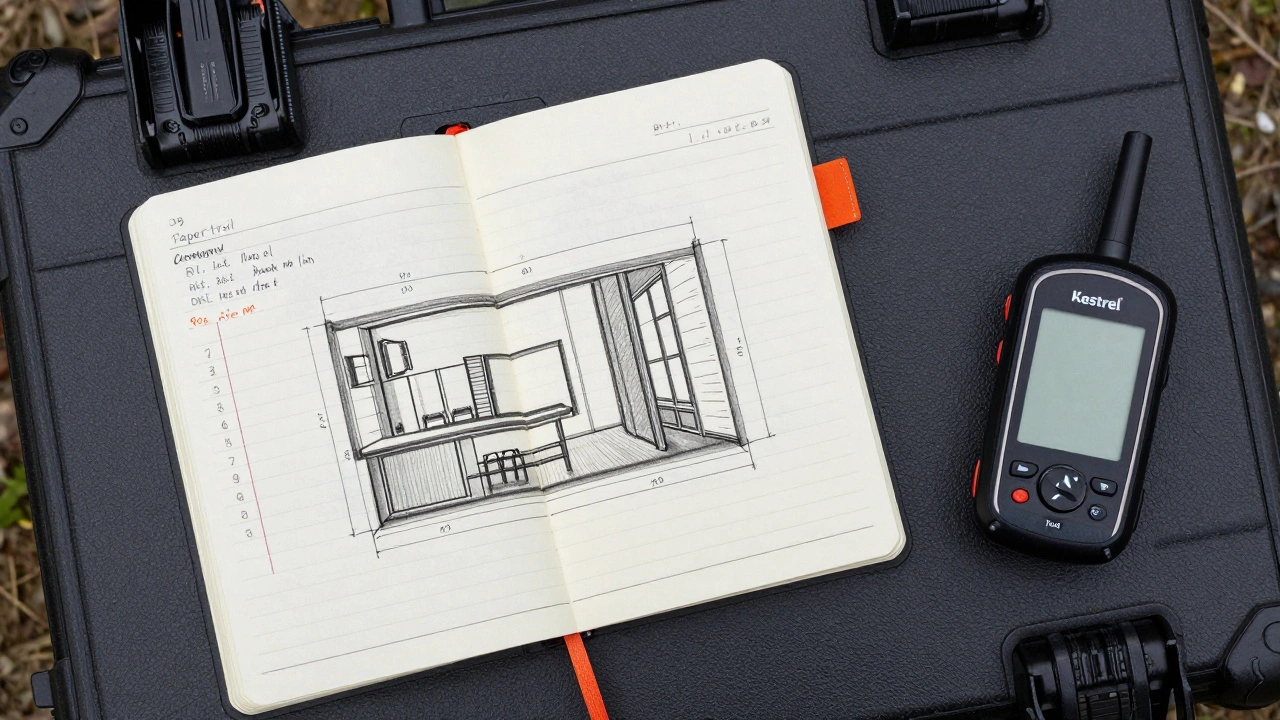 Field notebook with a scene sketch, a weather meter, and a GPS device on a gear case.