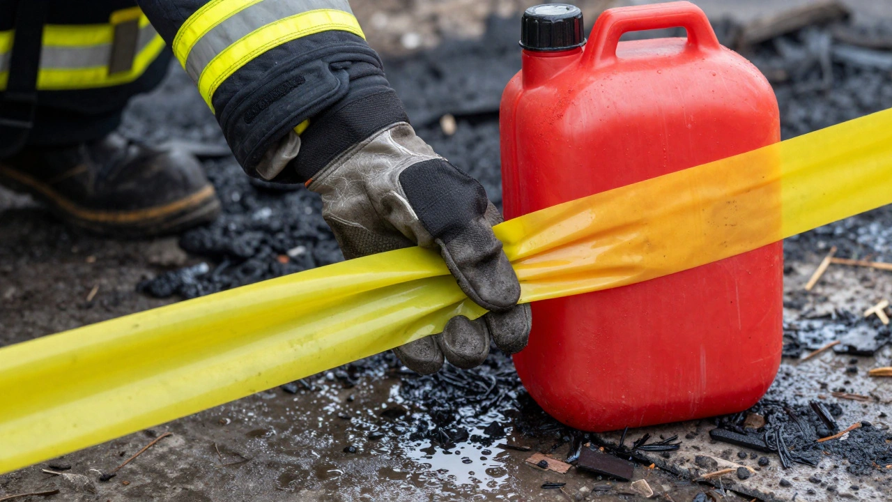 Firefighter marking a red container with yellow flagging tape on a charred floor.