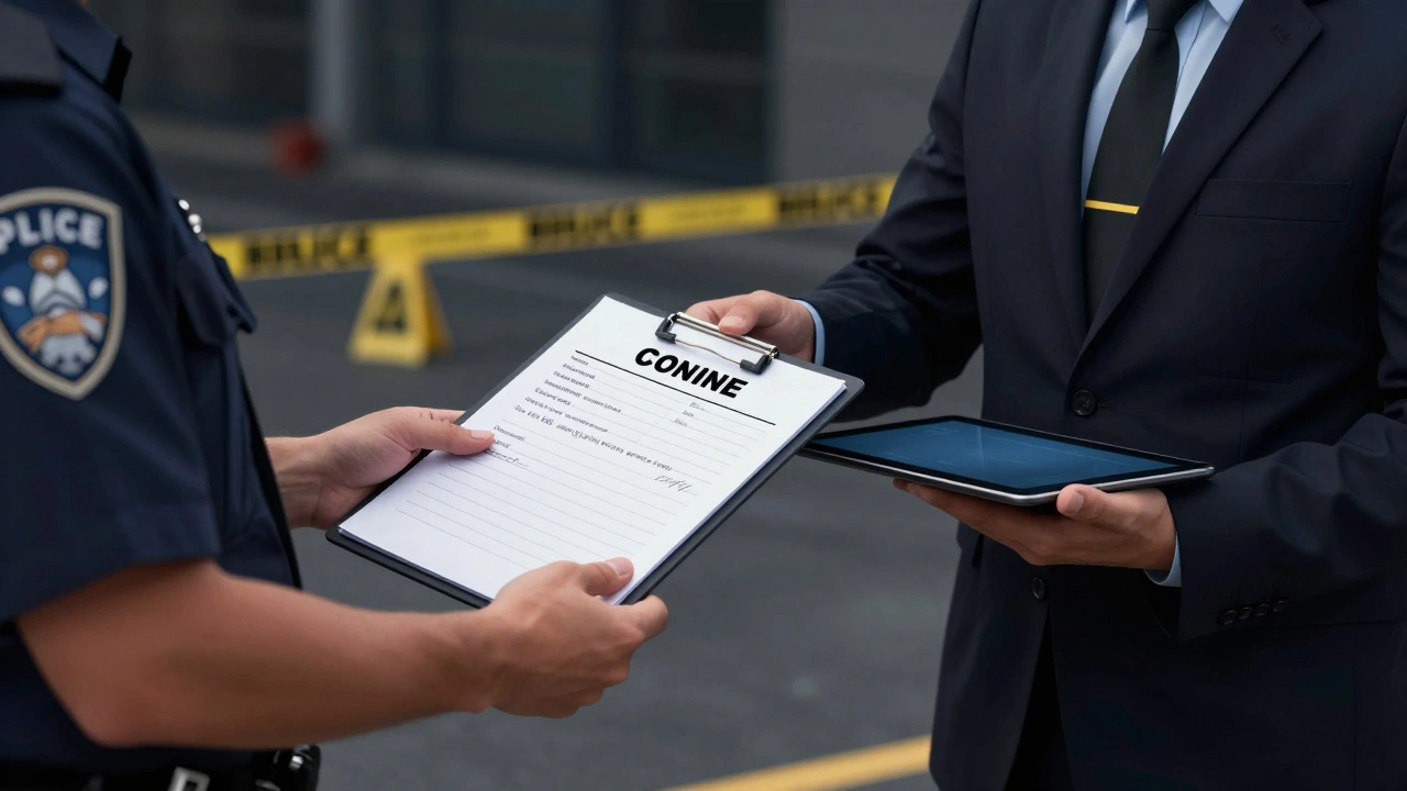 First responder handing over a crime scene log to a detective at an investigation site.