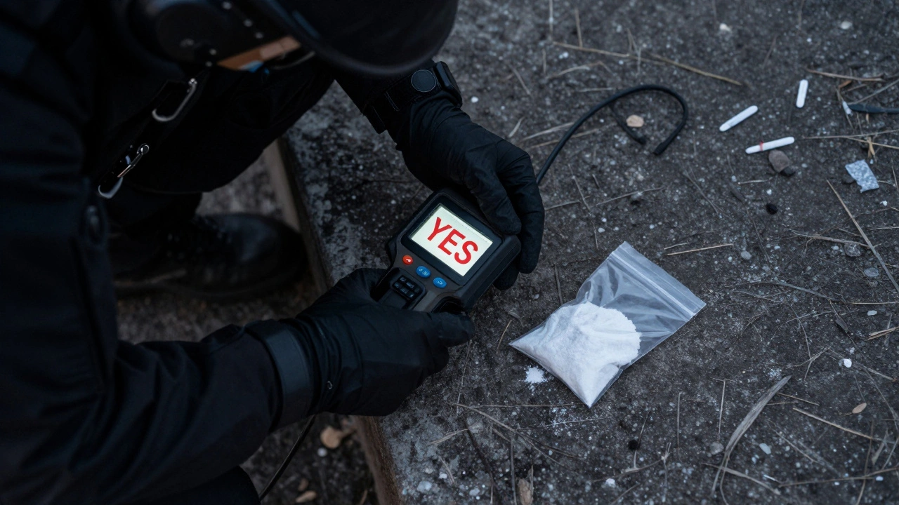 First responder using a handheld spectrometer to detect opioids in a street sample