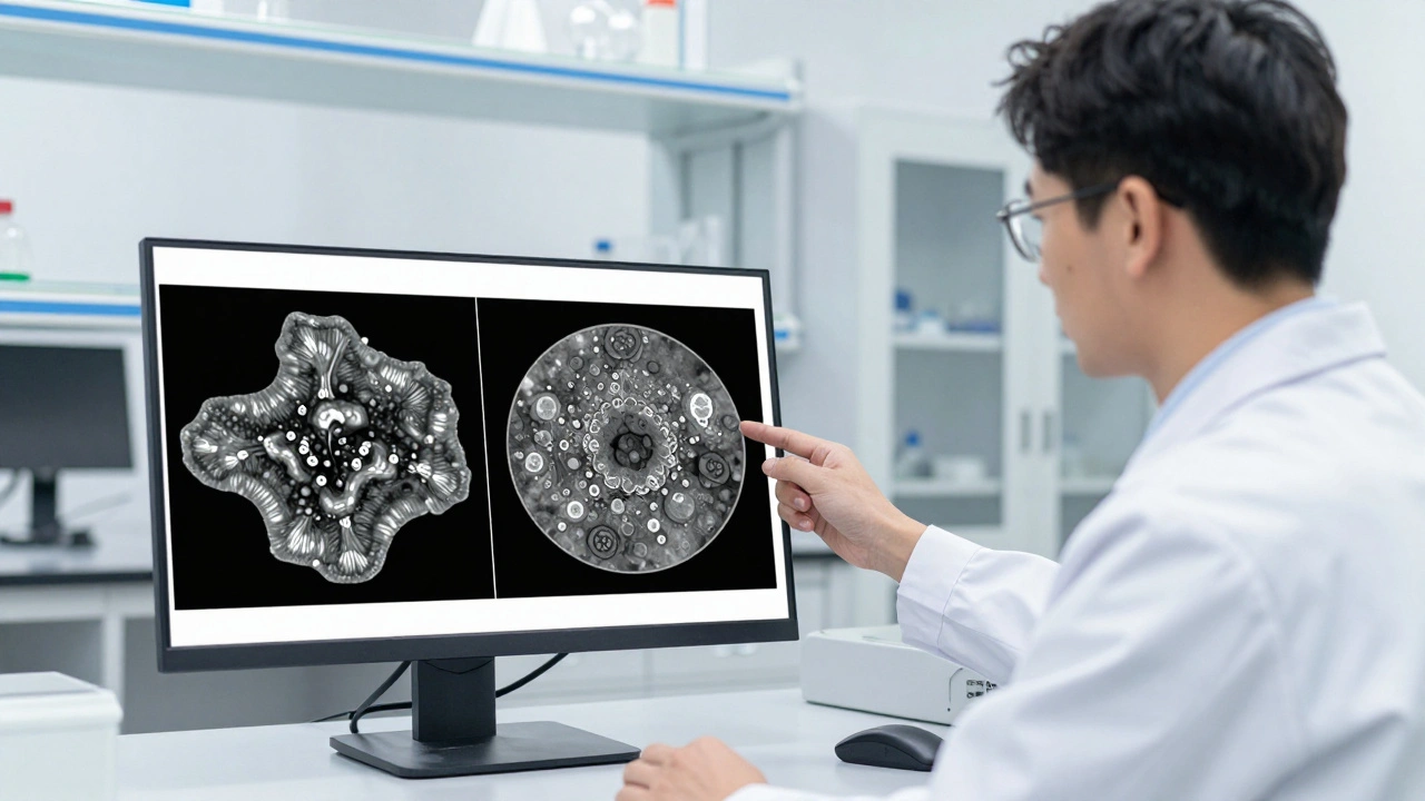 Forensic analyst in a lab reviewing soil mineralogy data on a computer screen.