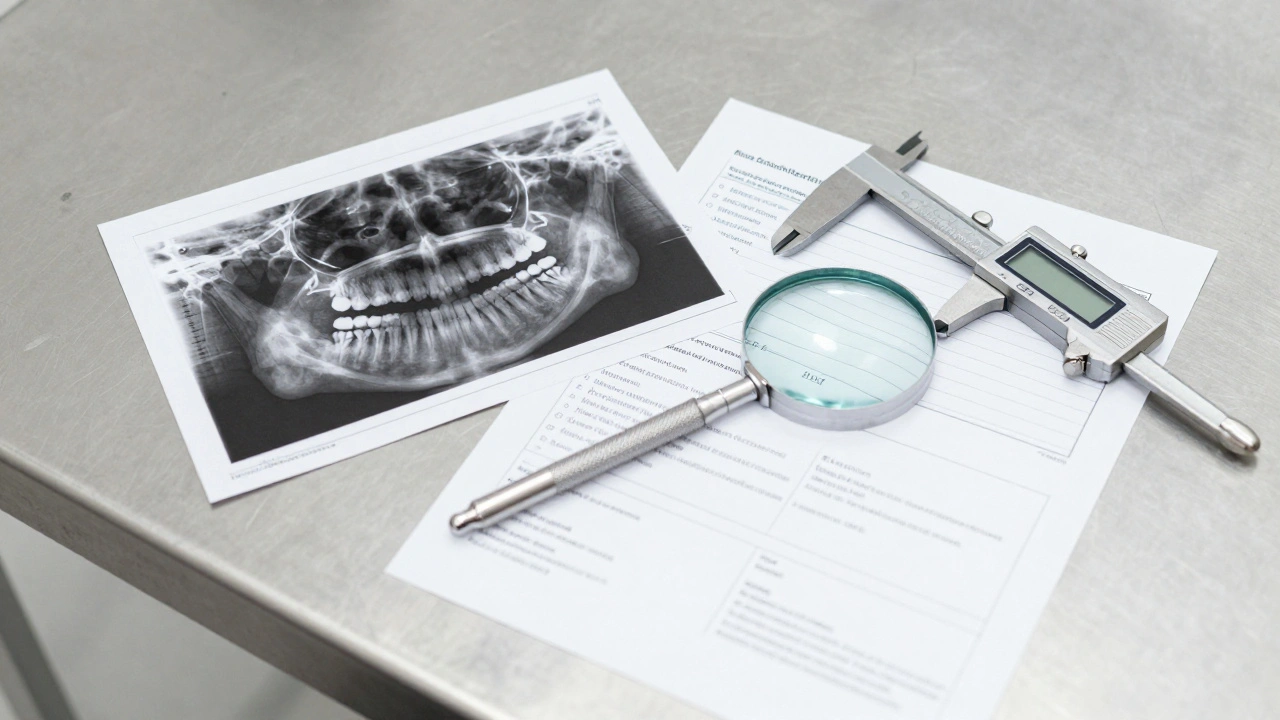 Forensic dental X-rays and a standardized condition worksheet on a clinical table