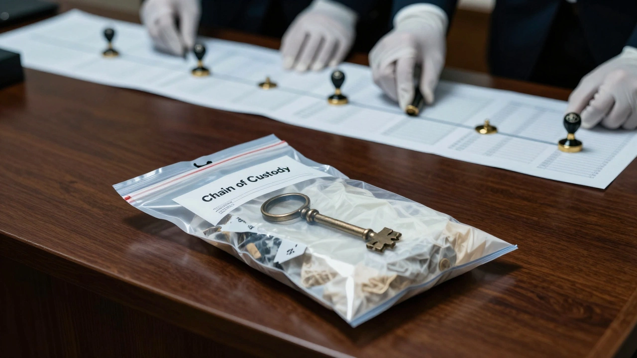 Forensic evidence bag on a courtroom table with a chain of custody log in the background.