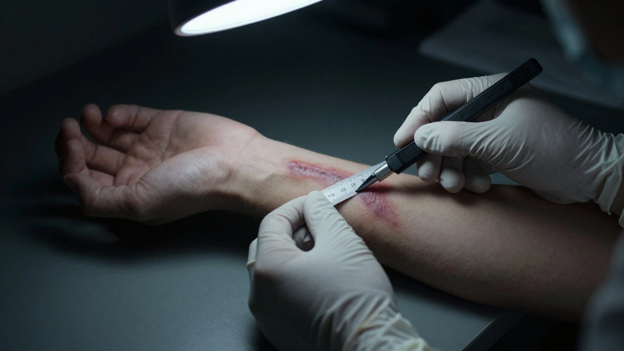 Forensic examiner measuring a defensive wound on a forearm with a ruler