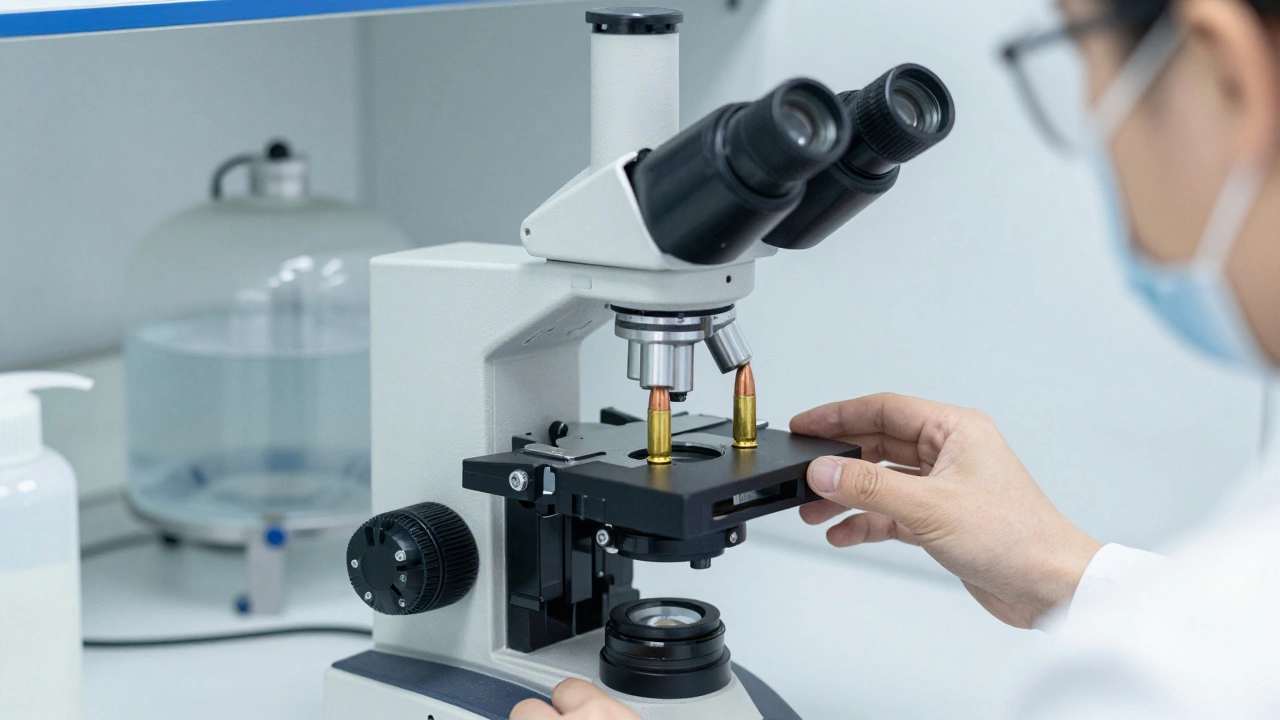 Forensic examiner using a comparison microscope to match two bullets side-by-side.