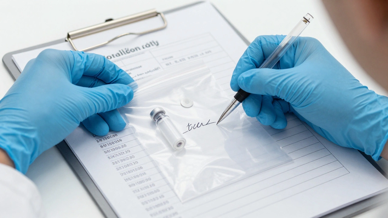 Forensic expert signing a security seal on an evidence bag in a laboratory.