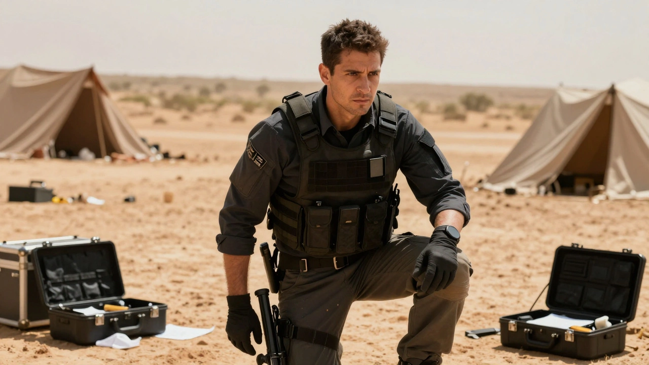 Forensic investigator in tactical gear working at a makeshift field site in a dusty, hot environment.