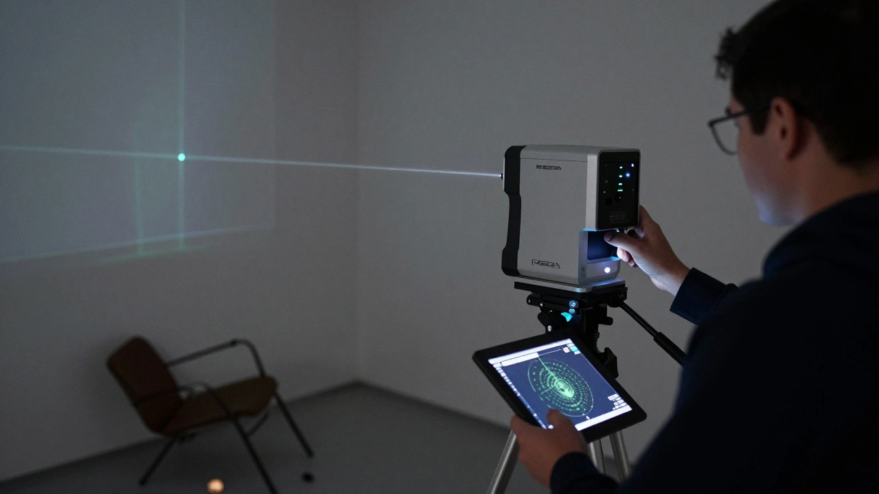 Forensic investigator using a 3D laser scanner to map a crime scene environment.