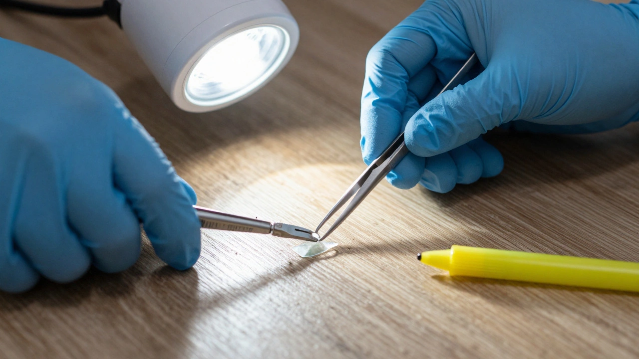 Forensic investigator using forceps to collect a glass shard as evidence.