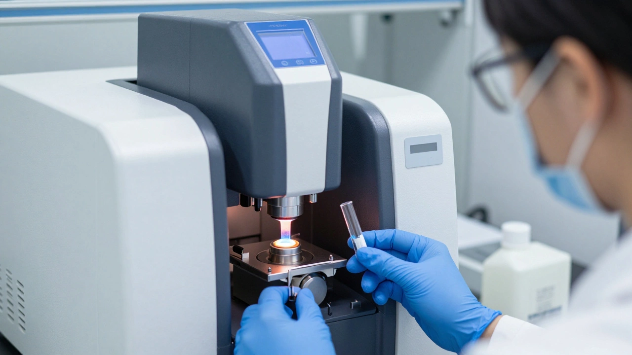 Forensic lab with an ICP-MS machine and a scientist analyzing a hair sample for metals